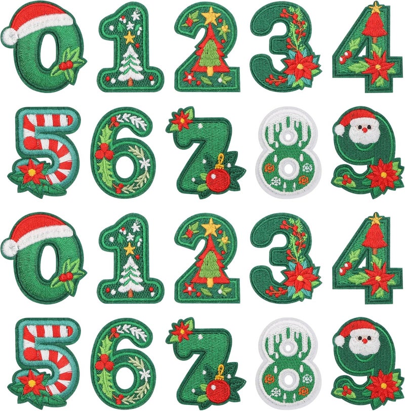 mortd 20 Pcs Christmas Number Iron On Patches, 0-9 Christmas Embroidered Patches, Festive Number Appliques Sew on/Iron on Patches for Xmas New Year DIY Craft Clothing Bags Decoration Party Supplies - Image 1